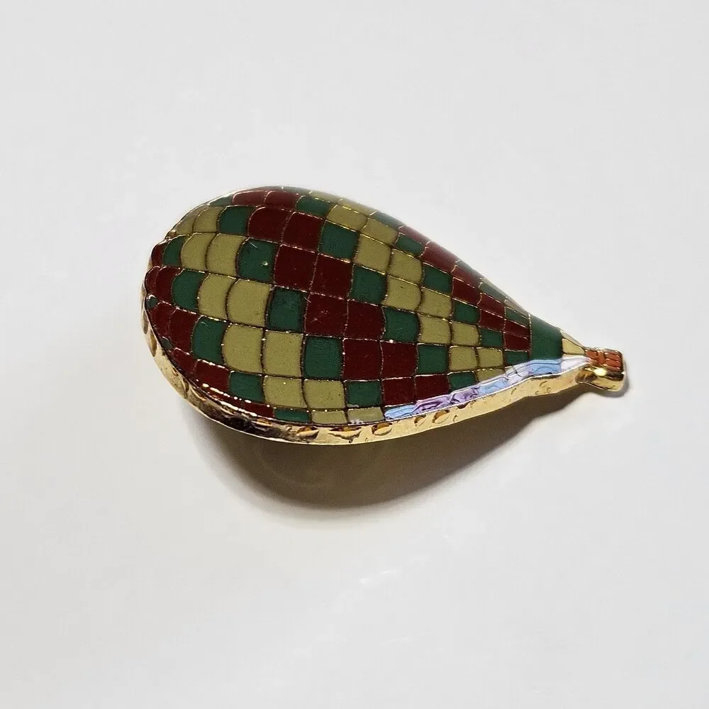 Vintage Gold Tone Enameled Cloisonne Hot Air Balloon Tie Lapel Pin Teal Red